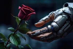 A mechanized hand plucks a flower. technology. photo