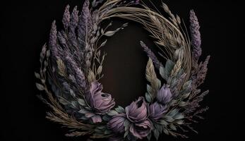 Generative AI, Close up of blooming flowerbeds of amazing lavender purple flowers wreath on dark moody floral textured background, copy space. photo