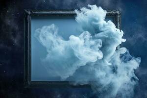 Generative AI, Blue flowing smoke around empty vintage beautiful frame. Copy space, frame mock up blank photo