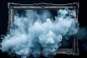 , Blue flowing smoke around empty vintage beautiful frame. Copy space, frame mock up blank photo