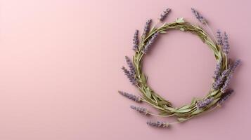 Generative AI, wreath of lavender branches flowers with copy space, natural organic floral frame violet background photo