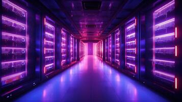 Generative AI, Data Center, modern high technology server room in purple neon colors. Modern telecommunications, cloud computing, artificial intelligence, database. photo