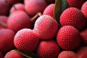 Generative AI, Macro Fresh Juicy of lychee fruit background. Closeup photo, summer Thailand food. photo