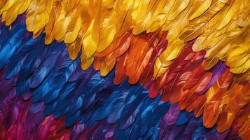 Generative AI, Beautiful rainbow colorful closeup feathers, photorealistic background, top view, aerial view. Small fluffy, inspired by Andreas Gursky and Andy Goldsworthy photo