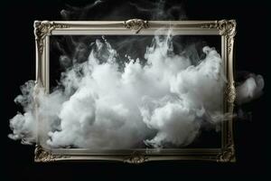 Generative AI, White powder splash and smoke around empty vintage beautiful frame. photo