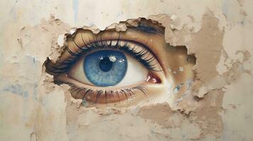 Generative AI, Woman eye looking through a torn hole in vintage paper, blue and beige colors mural. Painted hyperrealistic female art. photo