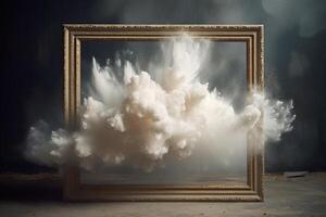 Generative AI, White powder splash and smoke around empty vintage beautiful frame. photo