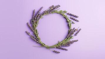 , wreath of lavender branches flowers with copy space, natural organic floral frame violet background photo