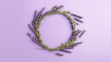 Generative AI, wreath of lavender branches flowers with copy space, natural organic floral frame violet background photo