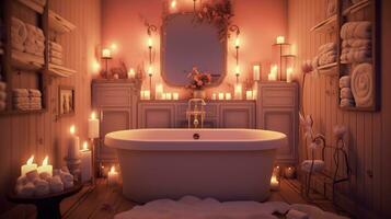 generativo ai, interior de moderno baño con ardiente velas en noche. romántico atmósfera, spa y relajarse concepto foto