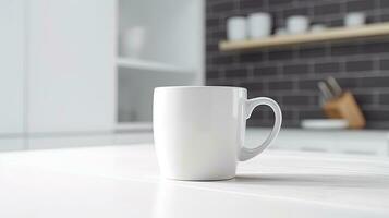 generativo ai, blanco cerámico taza configuración en a hogar interior, jarra burlarse de arriba blanco. foto