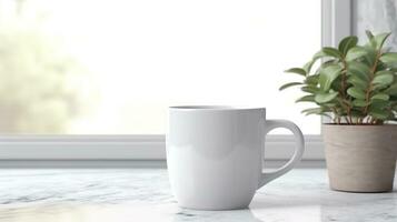 Generative AI, White ceramic cup set-up in at home interior, mug mock up blank. photo