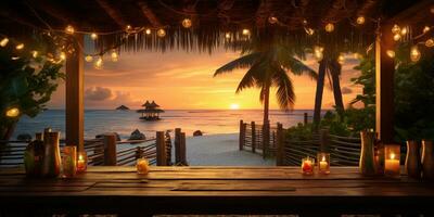 Generative AI, Tropical summer sunset beach bar background. Outdoor restaurant, Led light candles and wooden tables, chairs under beautiful sunset sky, sea view. photo