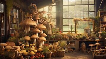 , room full of many different mushrooms with window photo