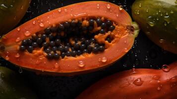 , Macro Fresh half of papaya fruit background. Tropical exotic closeup photo with drops