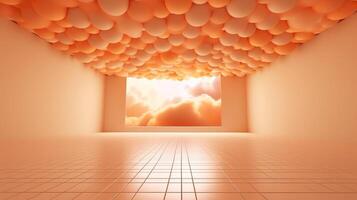 Generative AI, Light orange, apricot color fantastic 3d clouds on the floor, sky and landscape. Gentle colors and with bright lights. photo