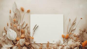 Generative AI, Bohemian white blank sheet paper surrounded by natural dried leaves and plants, poster mock up photo