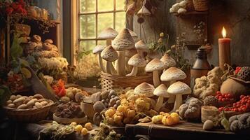, room full of many different mushrooms with window photo