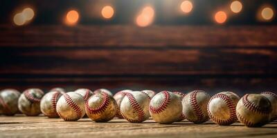 generativo ai, áspero y escabroso textura de antiguo béisbol pelotas cerca arriba en Clásico antecedentes foto