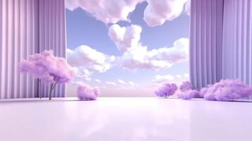 Generative AI, Purple, digital lavender color fantastic 3d clouds on the floor, sky and landscape. Gentle colors and with bright lights. photo