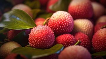 Generative AI, Macro Fresh Juicy of lychee fruit background. Closeup photo, summer Thailand food. photo