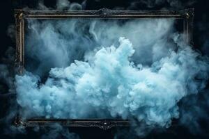 Generative AI, Blue flowing smoke around empty vintage beautiful frame. Copy space, frame mock up blank photo