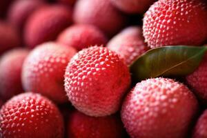 Generative AI, Macro Fresh Juicy of lychee fruit background. Closeup photo, summer Thailand food. photo