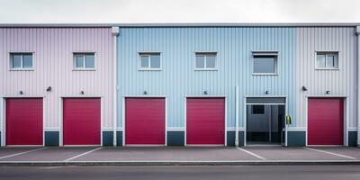 Generative AI, Mini colorful metal self storage facilities rental units, warehouse exterior, industry garage building. photo