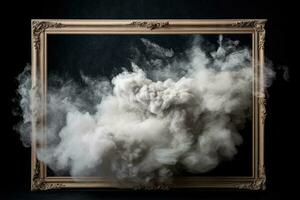 Generative AI, White powder splash and smoke around empty vintage beautiful frame photo