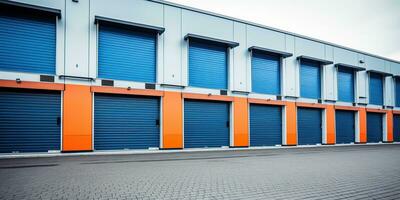 Generative AI, Mini colorful metal self storage facilities rental units, warehouse exterior, industry garage building. photo