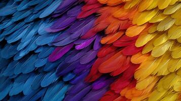 Generative AI, Beautiful rainbow colorful closeup feathers, photorealistic background, top view, aerial view. Small fluffy, inspired by Andreas Gursky and Andy Goldsworthy photo