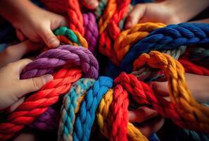 , peoples hands working together to untangle a knotted rope. Business teamwork. photo