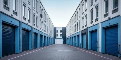 Generative AI, Mini colorful metal self storage facilities rental units, warehouse exterior, industry garage building. photo