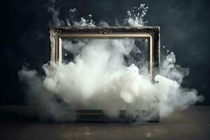 Generative AI, White powder splash and smoke around empty vintage beautiful frame. photo