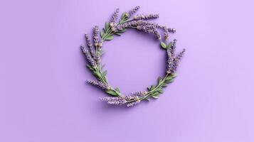 Generative AI, wreath of lavender branches flowers with copy space, natural organic floral frame violet background photo