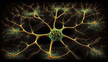 , Conceptual illustration of neuron cells with glowing link knots in abstract dark space, high resolution. Human nervous system photo