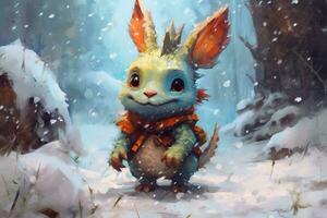Generative AI, little cute dragon adventurer in winter forets. Oil Painting of cute pet, animal wear clothes. photo