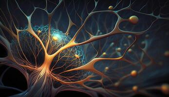 , Conceptual illustration of neuron cells with glowing link knots in abstract dark space, high resolution. Human nervous system, neural network photo