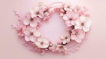 Generative AI, wreath of little light pink cherry sakura flowers with copy space, natural organic floral frame photo