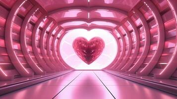 Generative AI, Futuristic space ship room with pink heart in cyberpunk style illustration. Love, feelings, romantic St. Valentine's Day concept. Sci-fi, realistic 3d effect. photo