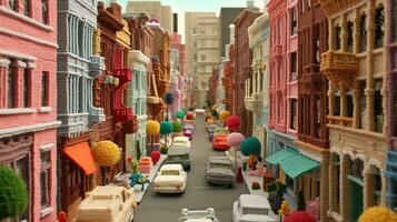 Generative AI, cute street made of crochet, houses, trees, road, cars. Soft colors, dreamy scene cityscape made of crochet materials, wool, fabric, yarn, sewing for background photo