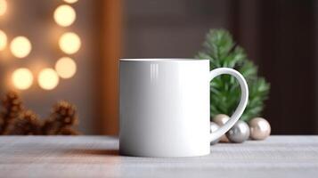 generativo ai, blanco cerámico taza configuración en a hogar interior, jarra burlarse de arriba blanco.. foto