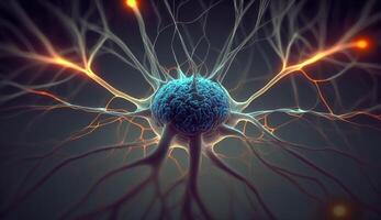 , Conceptual illustration of neuron cells with glowing link knots in abstract dark space, high resolution. Human nervous system, neural network photo