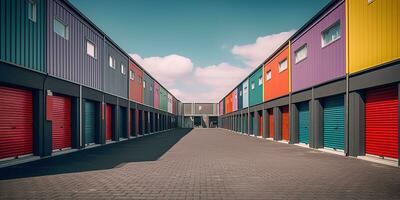 Generative AI, Mini colorful metal self storage facilities rental units, warehouse exterior, industry garage building. photo