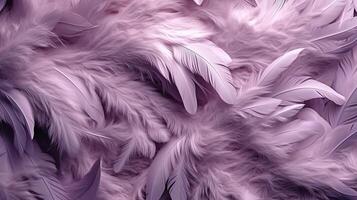 Generative AI, Beautiful lavender, purple color closeup feathers, photorealistic background. Small fluffy violet feathers randomly scattered forming photo