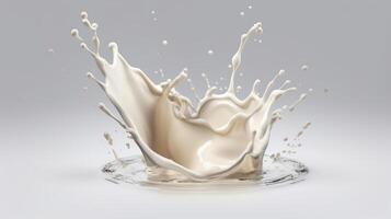 , Flowing liquid with splashes in white color. Glossy creamy milk fluid banner, 3D effect, modern macro photorealistic abstract background illustration photo