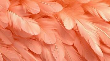 Generative AI, Beautiful light orange, apricot color closeup feathers, photorealistic background. Small fluffy orange feathers randomly scattered forming photo