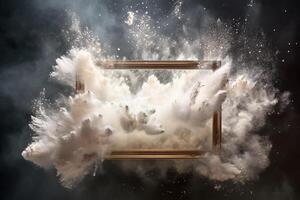 Generative AI, White powder splash and smoke around empty vintage beautiful frame. photo