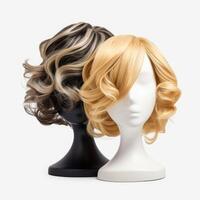 Hair wig over the plastic mannequin head isolated over the white background, mockup featuring contemporary women's hairstyles, Generative AI illustration photo