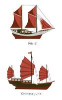 Pinisi ship and Chinese junk ship vector